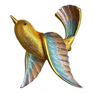 Vintage JJ Hummingbird Pastel Pink Blue Brooch Pin Gold Tone Enamel Bird Jewelry